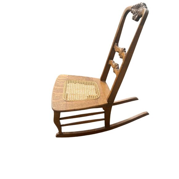 Antique Oak Rocking Chair w/ Carved Back & Cane Seat – 17” Wide Vintage rocker - Picture 7 of 10